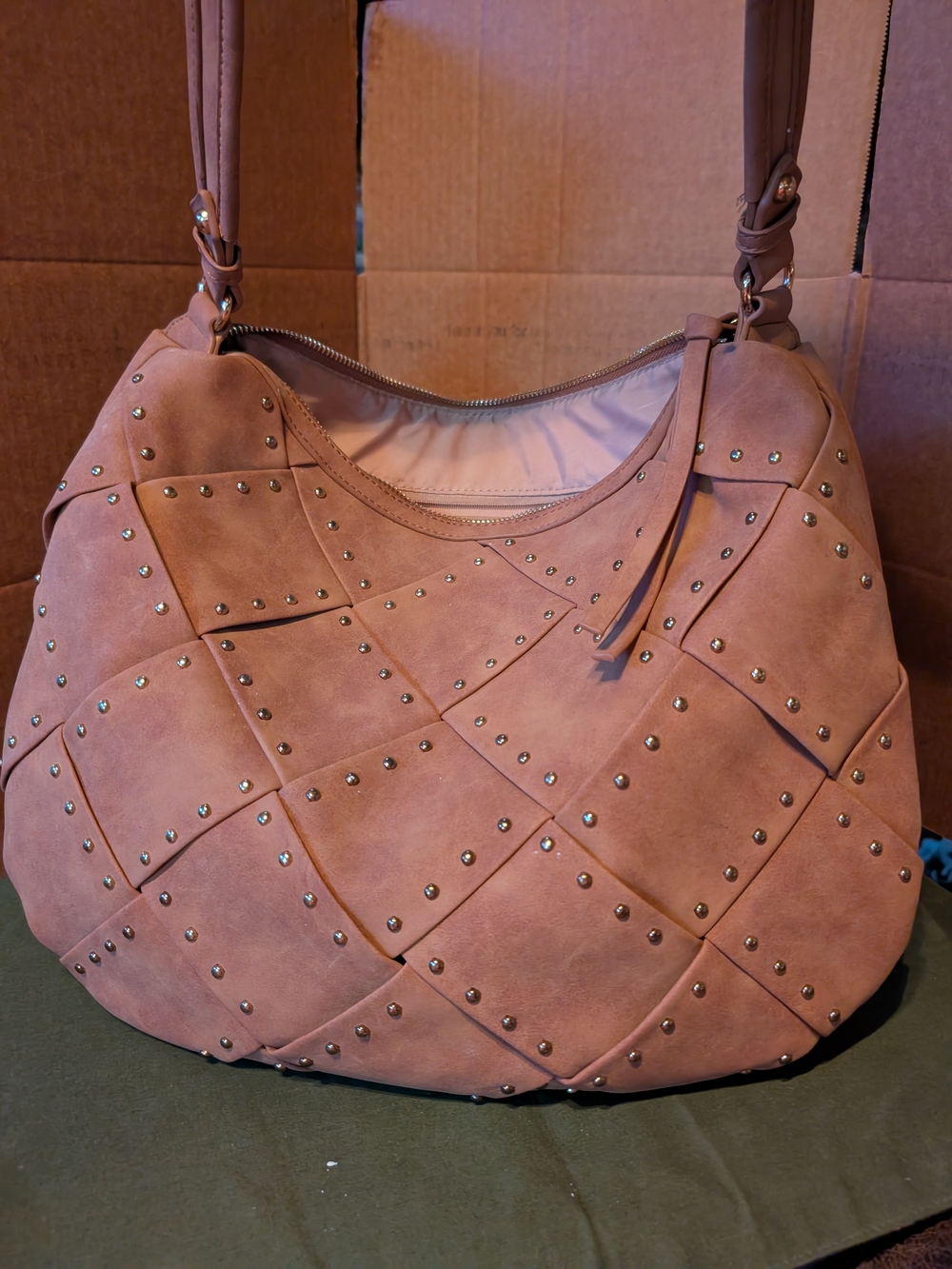 Studded Tan Hobo Bag - Soft Quilted Design
